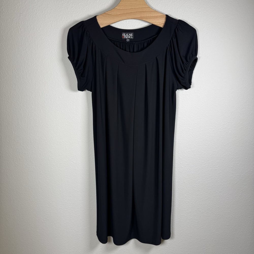 Helene Blake Black Ruched Sleeve Stretch Dress Size S Made in USA